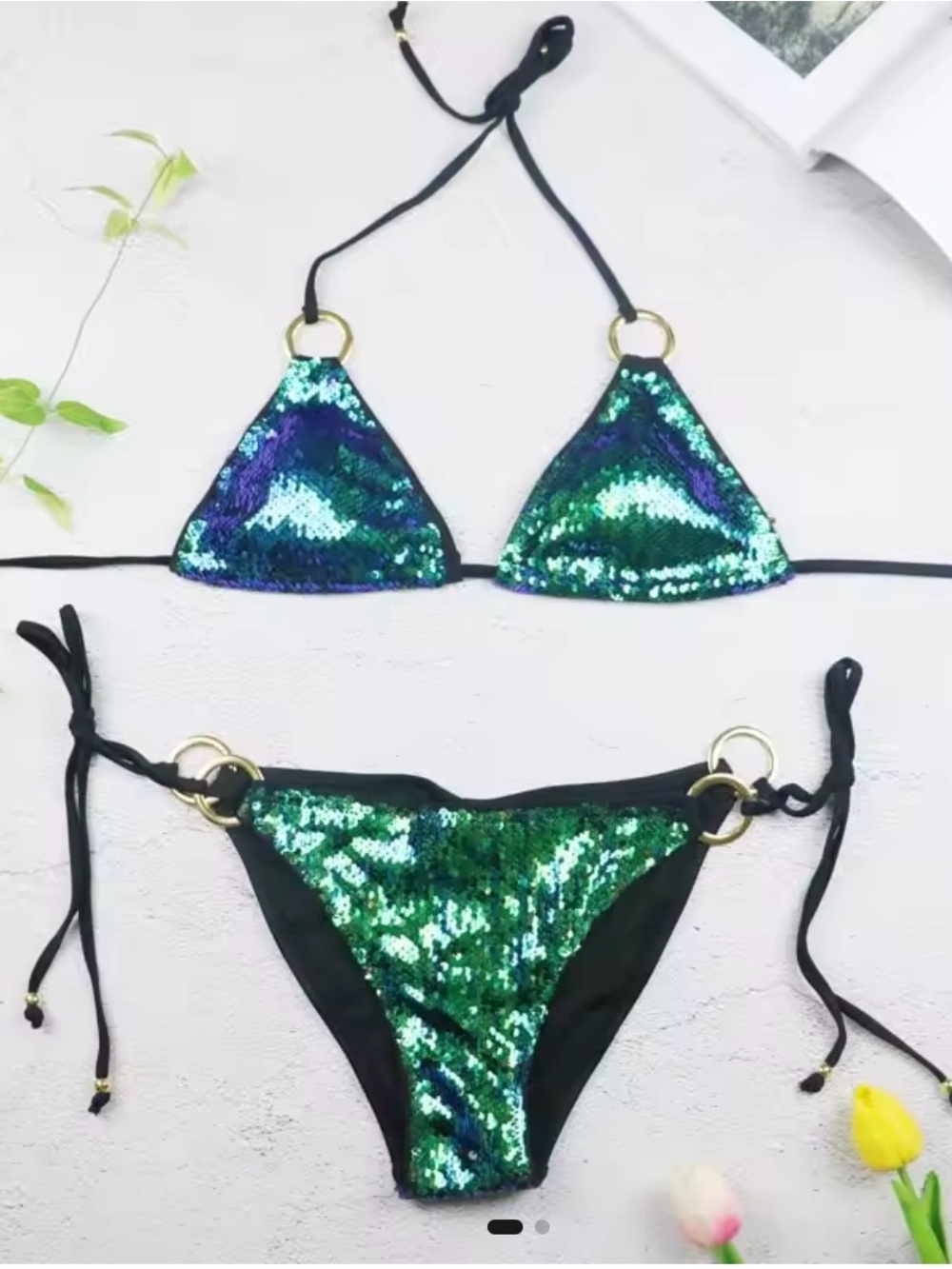 Sequin Triangle Bikini Set in Green-Blue sequins